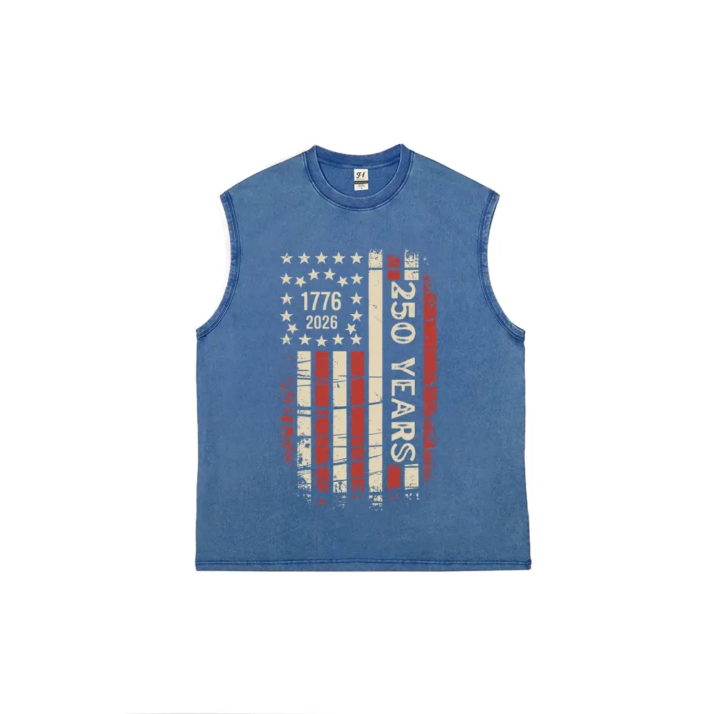 American Retro-Style U.S. Flag Men's Sleeveless Tank Top, U.S. Flag Print Sleeveless Tank Top, U.S. 250 years Sleeveless Tank Top, July 4th Independence Day Sleeveless Tank Top, Unisex U.S. Flag Retro Washed Cotton Sleeveless Tank Top Casual Distressed Br