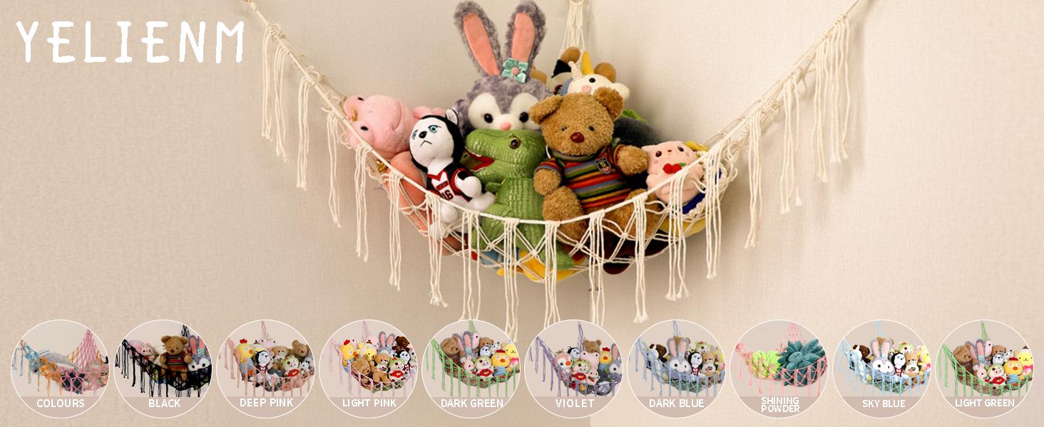 Stuffed Animal Hammock Corner, Hand-knitted Large Plushie Net Toy Hammock with Wooden Rings | Boho Cute Stuff Animal Storage for Nursery & Bedroom | Mesh Kids Toy Organizer Holder Nursery Room Decor