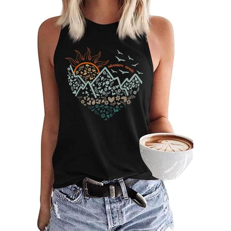 Women’s Printed Heart-Shaped Mountain Sun Floral Bird Graphic Racerback Vest, Fits Outdoor Hiking-Camping Nature Casual Sleeveless Fashion Top, Heart Vests
