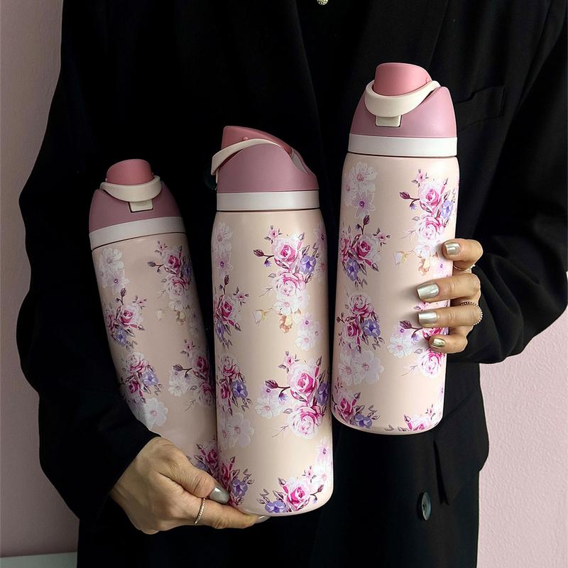 Floral Pattern Vacuum Flask, 1 Count Portable Water Bottle with Straw, Drinking Cup for Home Office School Outdoor Camping, Tumbler with Lid, Drinkware