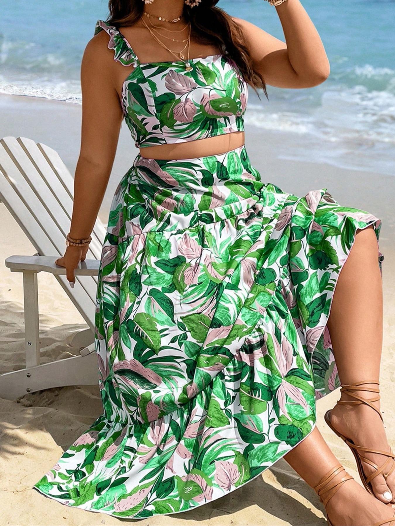 [Plus Size] Leaf Print Sleeveless Short Crop Top & Skirt Set, Boho Bohemian Fashion Casual Two-piece Set Short Sets for Beach Vacation Holiday, Women's Clothing for All Seasons, Womenswear, Lady