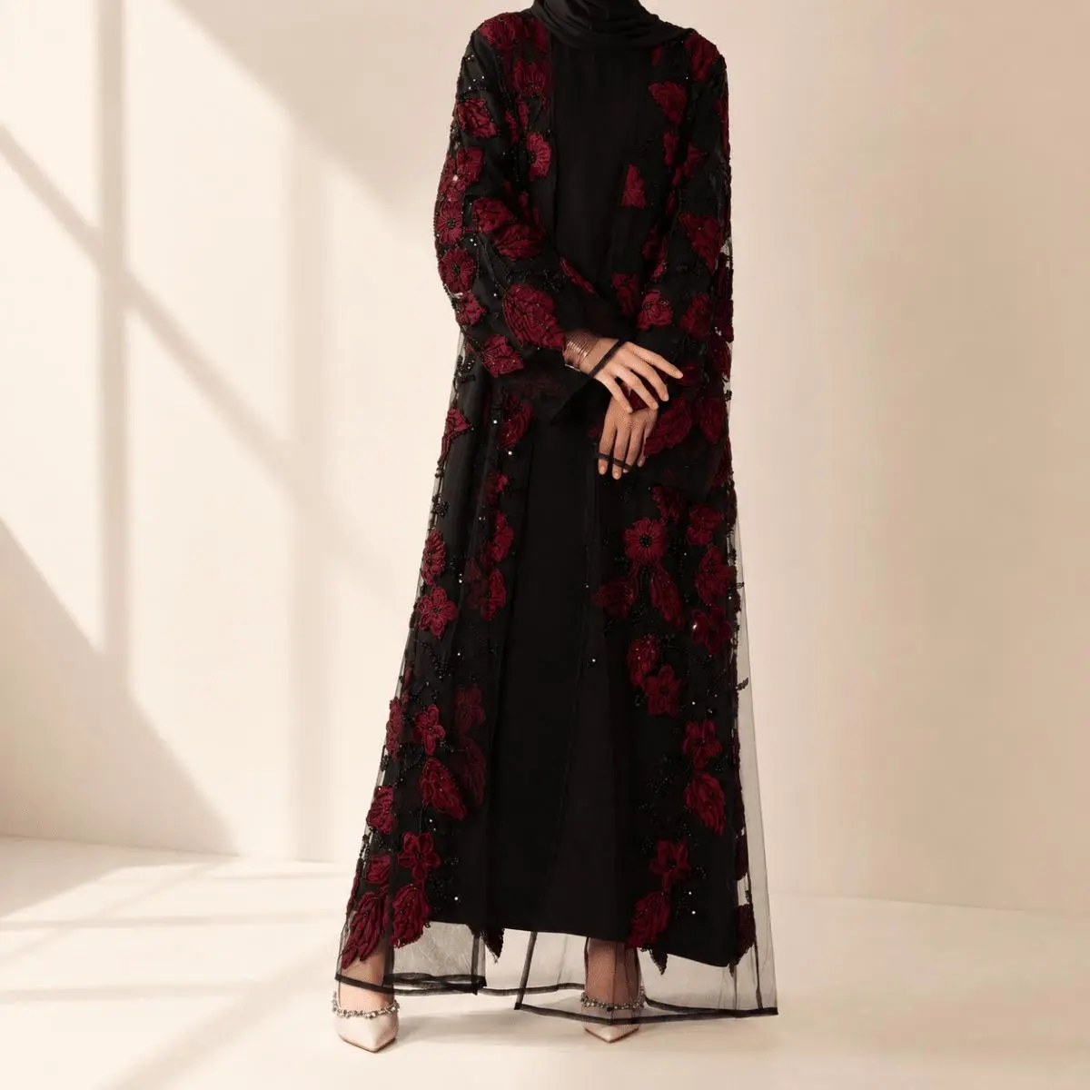 Women's Modest Fashion Embellished Open Abaya - 3D Sculpted Floral Embroidery, Hand-Beaded Sheer Mesh Outer Dress for Holiday, Weddings, Hijabi Fashion, Embroidered Mesh, Avoid Direct Heat On Beads, Couture-Inspired Fabric, Do Not Bleach, Dry Clean Only,,