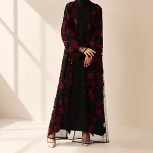 Statement Open Abaya with Sculpted 3D Floral Embroidery - Beaded Sheer Mesh Outer Dress, Elegant Islamic Clothing for Eid, Weddings, & Formal Events summerwins