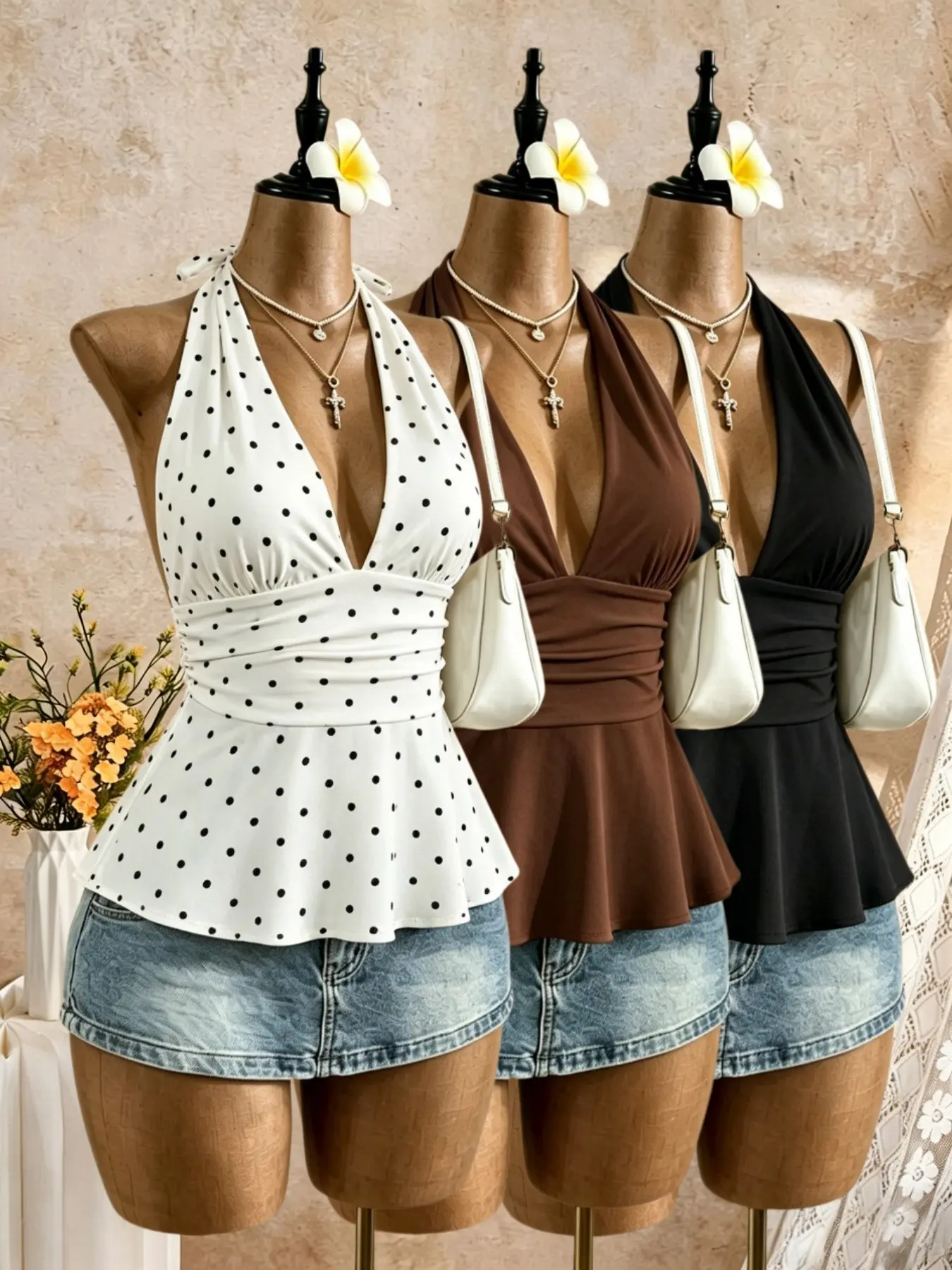Deep V Neck Halter Top Set, Women's Backless Self-Tie Ruched Waist Tiered Sleeveless Camisole, Elegant Slim Fit for Outdoor Wear