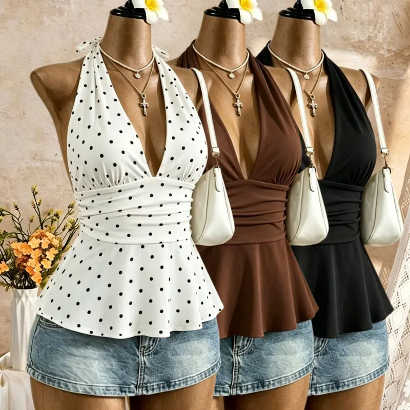 Women's Sleeveless Halter Neck Top Set, Deep V-Neck Back Tie Bow Ruched Waist Ruffle Back, Slim Fit Summer Casual, Summer Tops Trendy