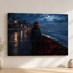 Nocturnal Coastal Astronaut Canvas Wall Art, Moody Beachfront Print, Moonlit Boardwalk & Red Poppy Aesthetic, Living Room Bedroom Office Decor, Statement Poster Gift,wall decor,poster.