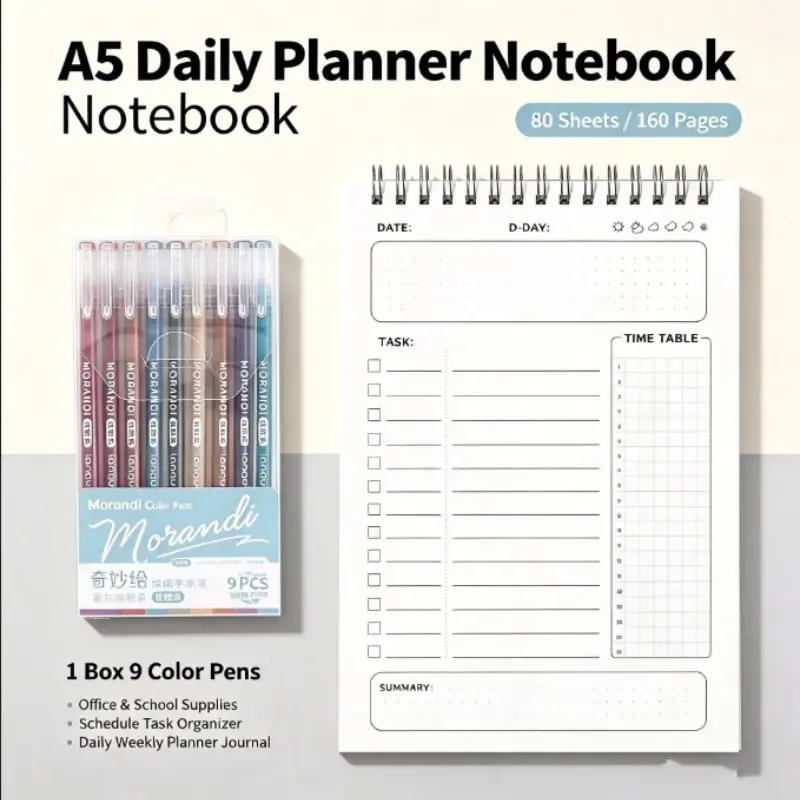 A5 Daily Planner Notebook, Weekly Planner, Student Academic Planner, 80 Sheets, 160 Pages + 1 Box of 9 Pens, Office & School Supplies, Task Organizer, Customizable Student Journal
