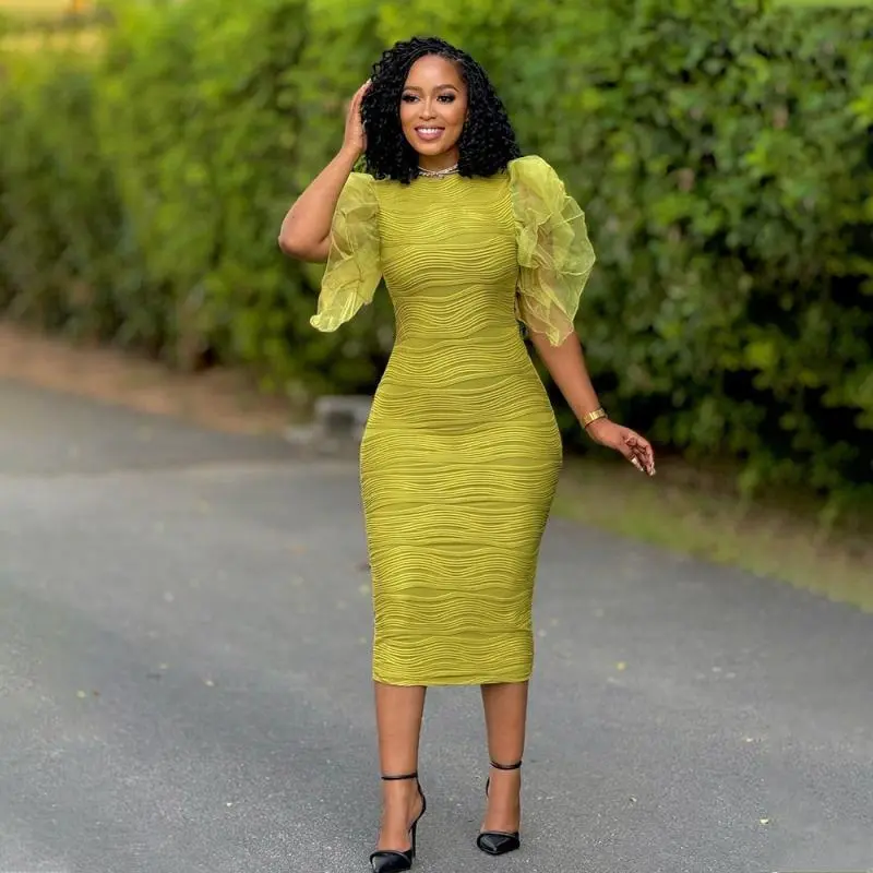 New African Fashion Women Dress O Neck Ruffle Sleeves Package Hips Bodycon Dress Office Lady Evening Birthday Party Vestidos
