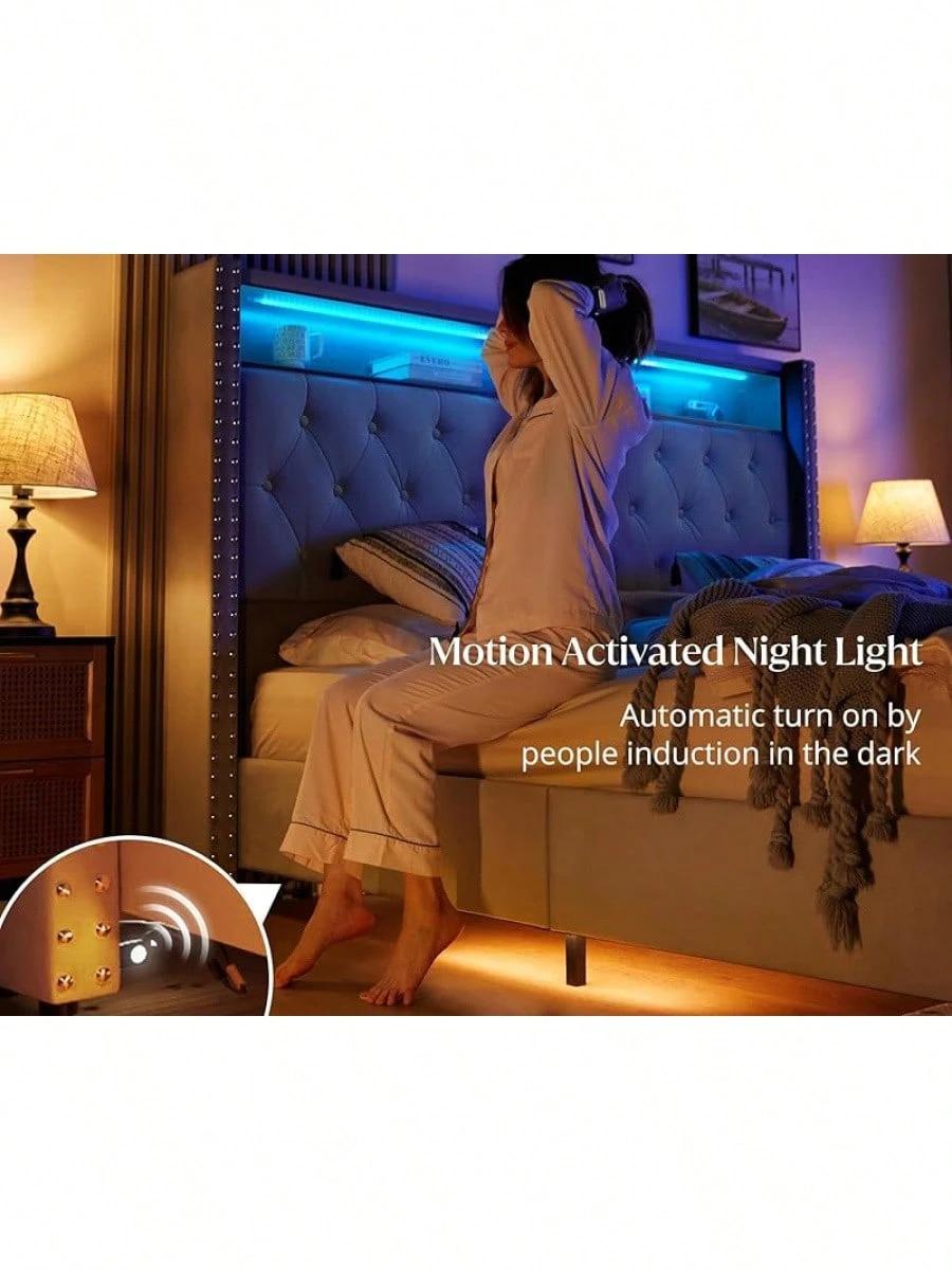 Queen/King Size Velvet Upholstered Platform Bed With Wingback Design, Integrated LED Lights, Charging Station, And Under-Bed Motion Sensor Lighting – No Box Spring Required, Built-In Storage, Black