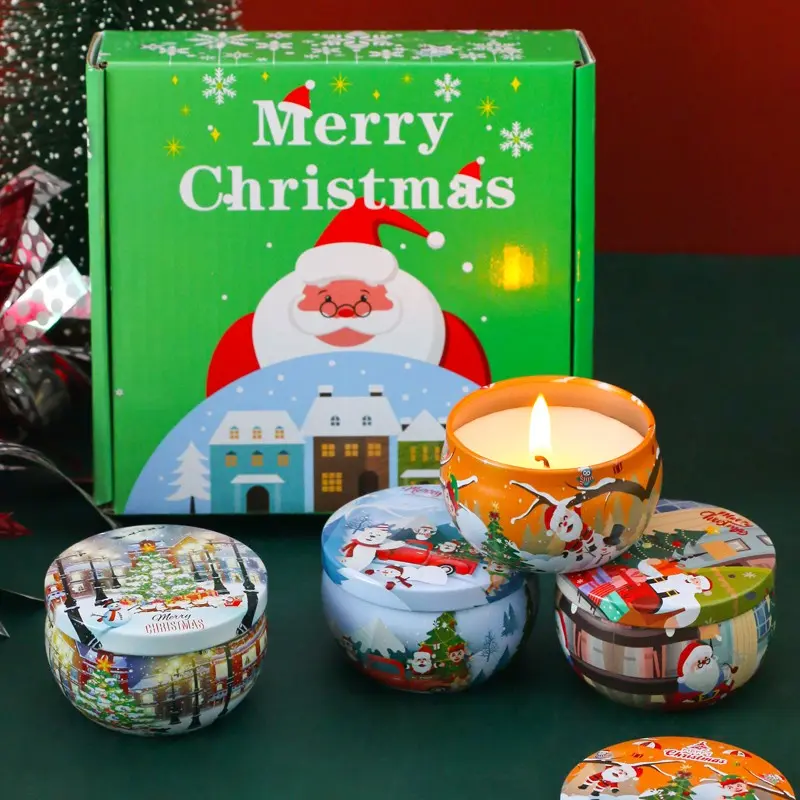 Christmas Gift Green Boxes with Lids, 4 Pack Soy Wax Candles for Home Scented | Aromatherapy Candle Set with Classic Bohemian Tins, Stress Relief Meditation Candle, Gifts for Women Men Friend