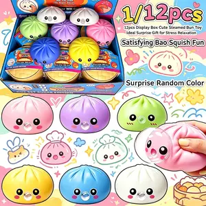 1/12pcs-Bubble Blowing Dumpling Squeeze Mystery Box Real Bun Squishies, Glitter Pink Squishy Dumpling with Mini Steamer, Bubble Blowing, Soft TPR Stretchy Desk Toys for Work School Home