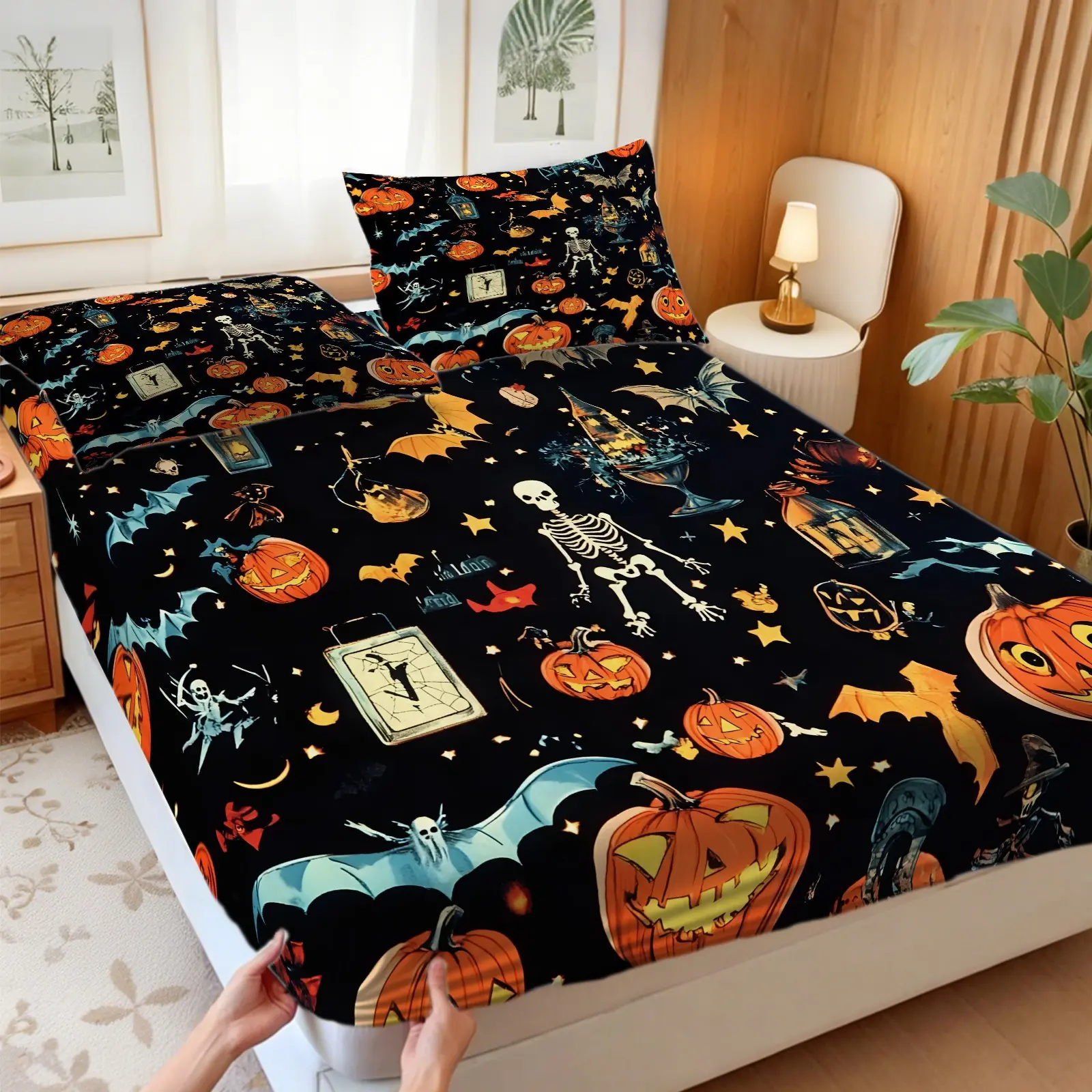 3Pcs Stretchy Fitted Sheet Set With Retro Halloween Ghost Pumpkin Print, Wrinkle Resistant Bed Sheet Set, Lightweight No Fillers Bedding Set, Bat Skeleton Pattern Creates Spooky Fall Vibe, Stylish Bedroom Decor For Halloween Enthusiasts