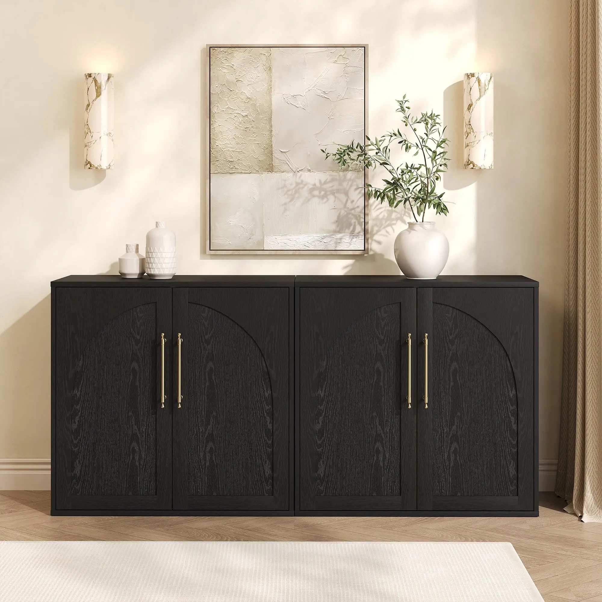 Modern 2-Piece Sideboard Buffet Cabinet – Arch Design with 2 Adjustable Shelves & Doors – Spacious Storage – Freestanding for Living Room, Dining Room, Kitchen, Coffee Bar – Black Oak