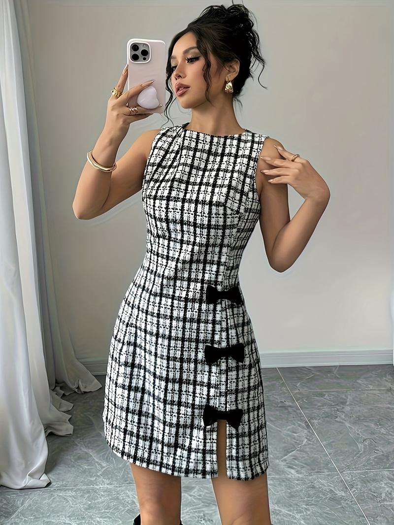 Women's Elegant Plaid Bowknot Dress, Sleeveless Round Neck Short Skirt, Casual Fall & Winter Fashion, Slim-Fitting Style
