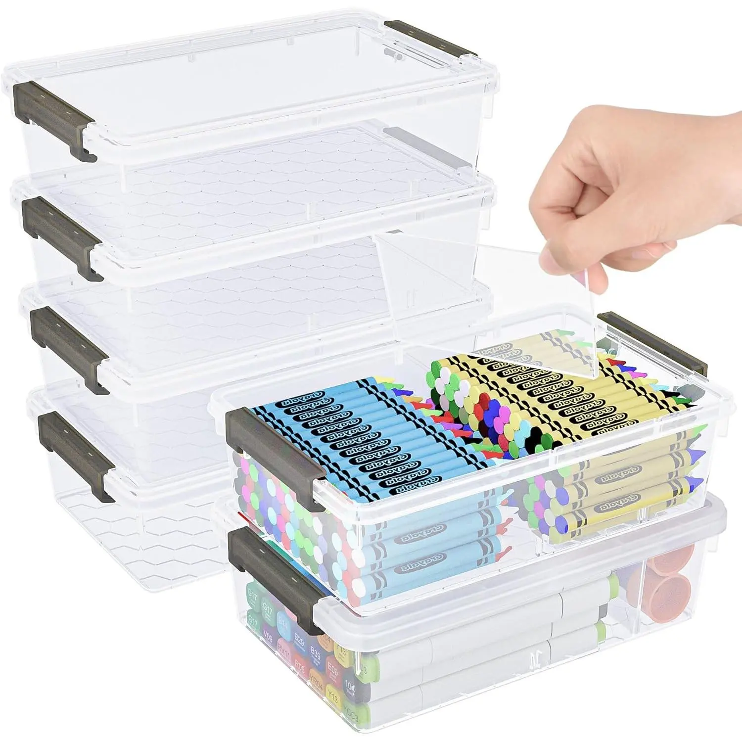 6 Pack Extra Large Pencil Box with Removable Divider Thickened Pencil Case Bulk Clear Crayon Marker Organizer Stackable Plastic Small Storage Containers for Pen Craft School Supplies Grey
