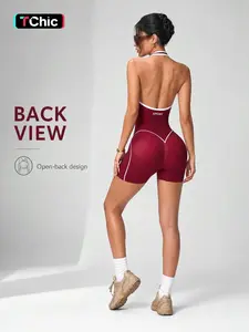 Women's Summer Colorblock Halter Backless U-Neck Sporty Jumpsuit, Sleeveless Jumpsuit, High Elastic Yoga Shorts, Fitness Running, Fashion One-Piece Workout Gear