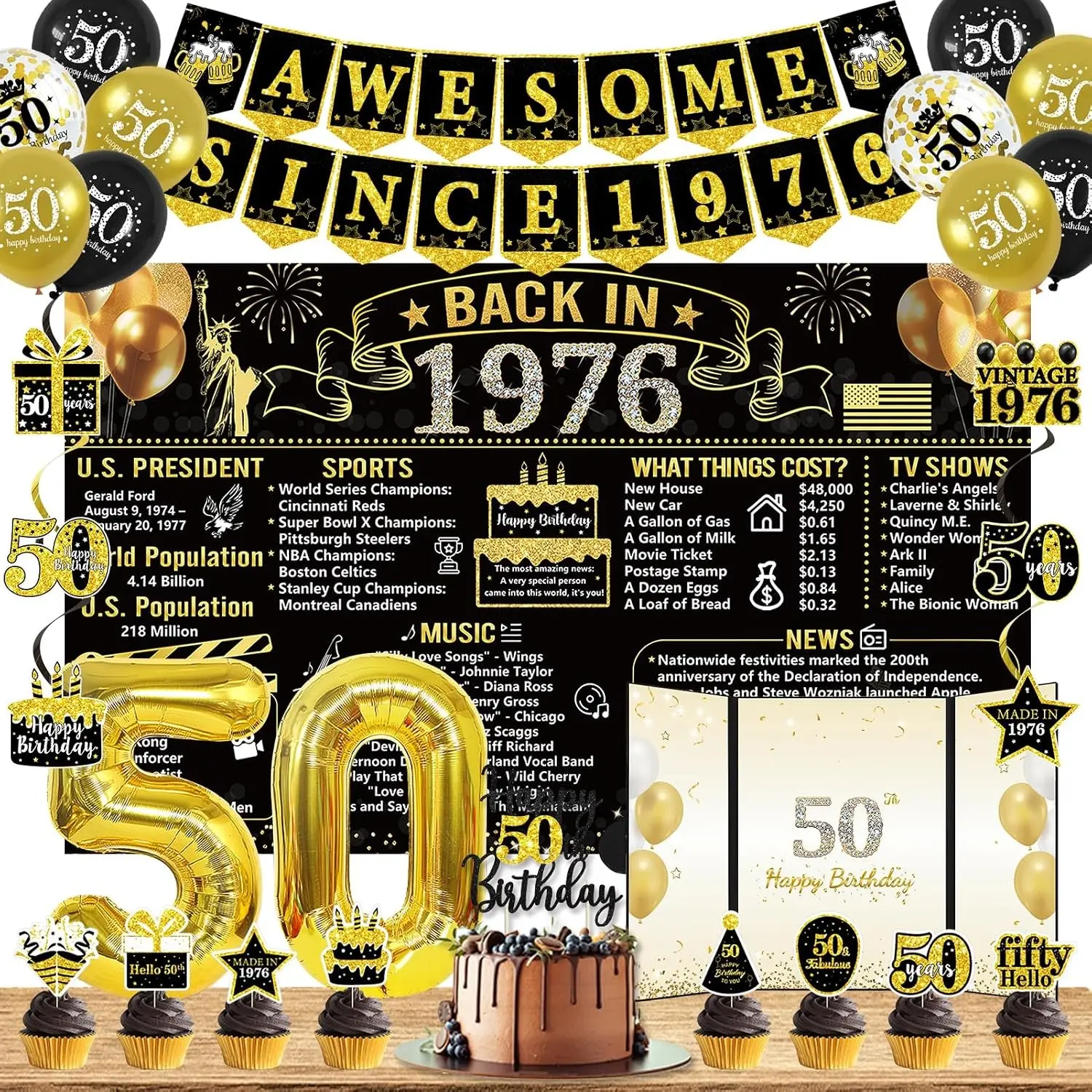 50th Birthday Decorations for Men Women, Back in 1976 Poster Set | Black Gold Back in 1976 Birthday Party Supplies, Retro 50th Banner, 50th Birthday Guest Book, Cheers to 50 Years OldGift