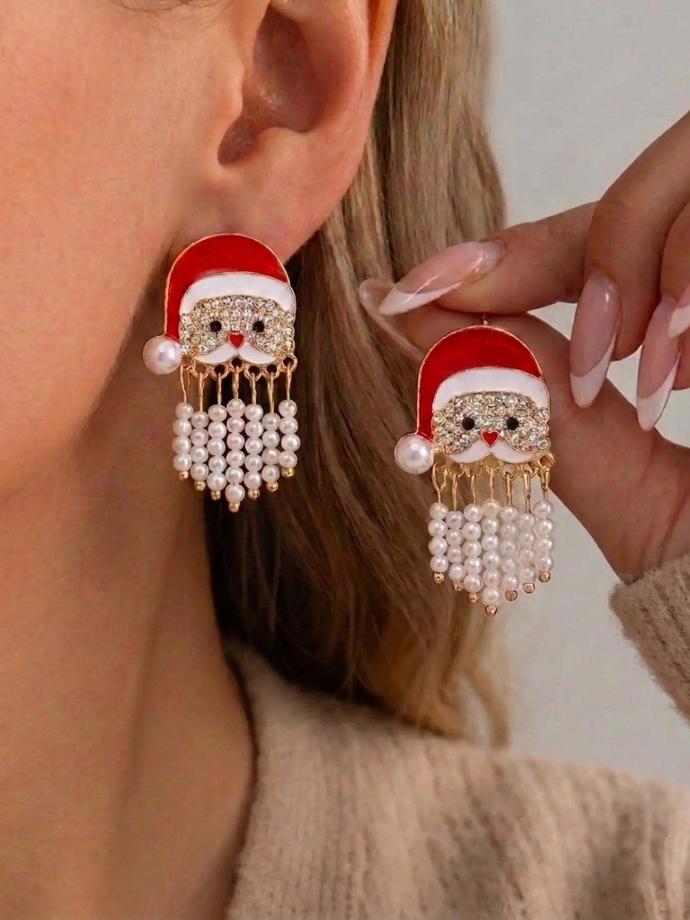 Christmas Santa Claus Pearl Tassel Dangle Earrings Enamel Red Santa Hat Full Rhinestone Beard Fringe Drop Earrings Gold Plated Cute Winter Holiday Women Party Jewelry