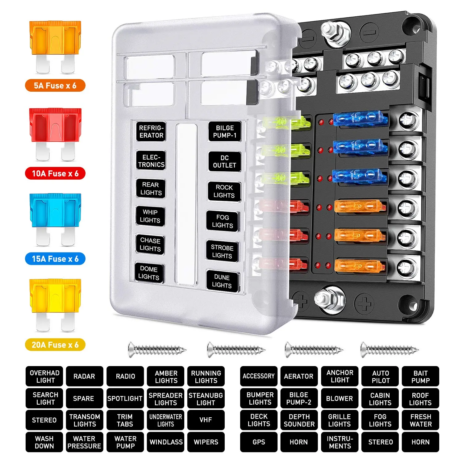 Nilight 50056L 12-Way Blade Fuse Block - 12-Circuit ATO/ATC Fuse Panel, Red LED Blown Alert, Negative Bus, PBT Plastic Waterproof Cover, Copper Screw, Marine-Ready for 12V Cars, Boats, SUVs (Includes Mounting Parts)