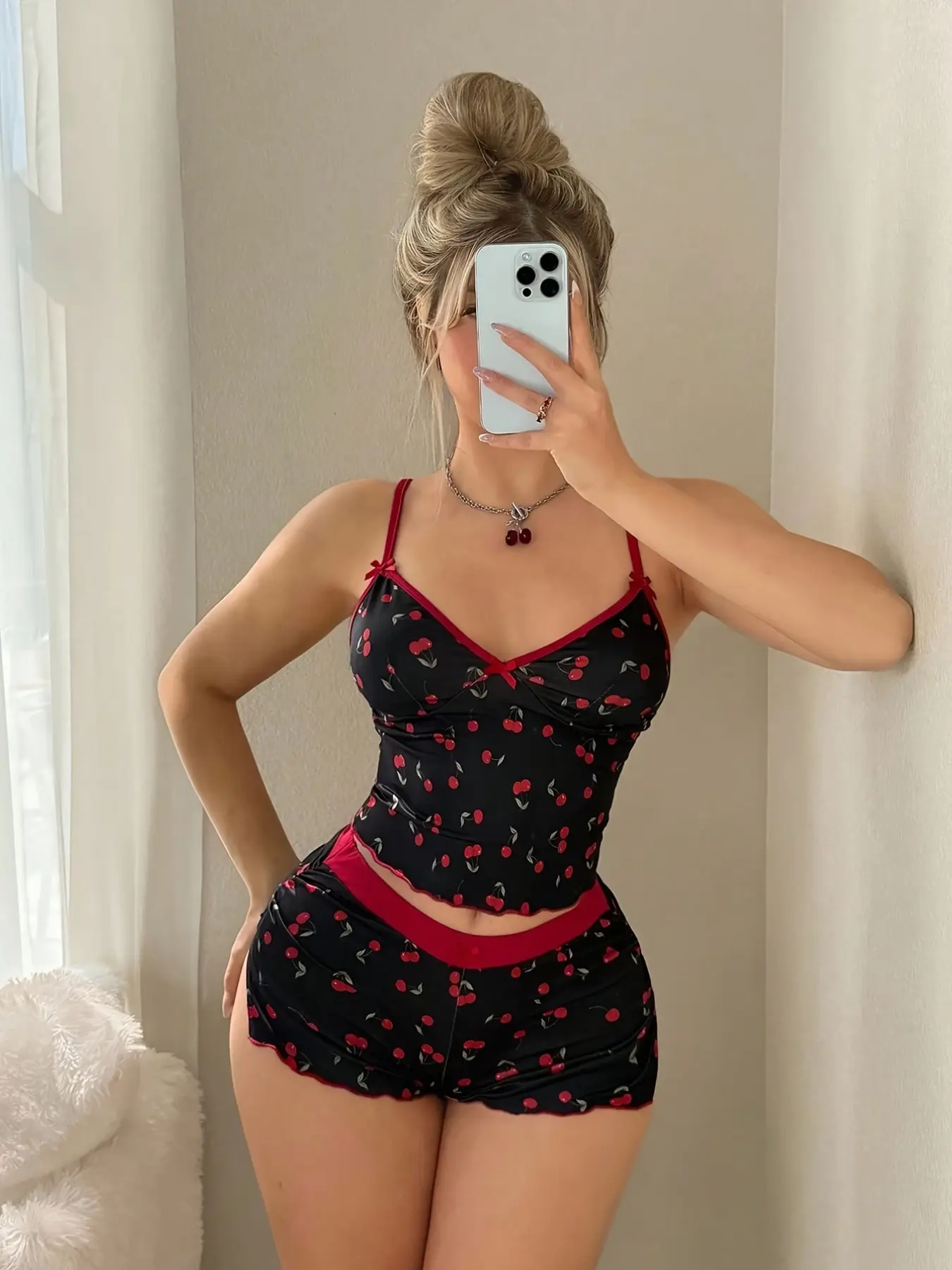 Women's 2-Piece Sleepwear Set, Sweet Cherry Print Cami Top and Shorts, Colorblock Design, Comfortable Nightwear