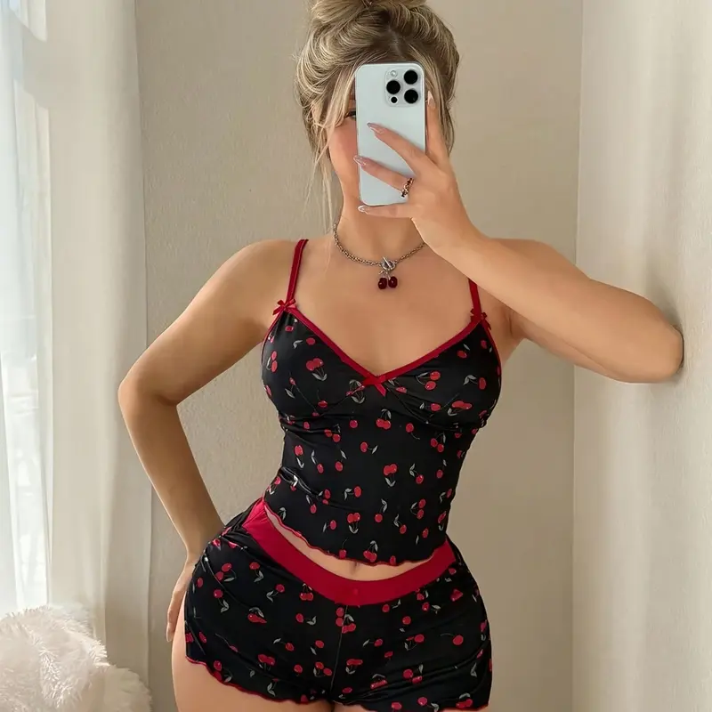 Women's 2-Piece Sleepwear Set, Cute Sweet Cherry Print Cami Top and Shorts, Colorblock Design, Comfortable Nightwear
