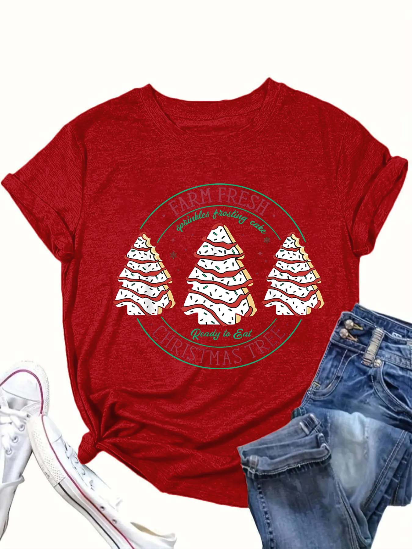 【Plus Size】 Cartoon Christmas Tree & Letter Print Round Neck Tee, Casual Short Sleeve Crew Neck T-Shirt for Summer, Women's Christmas and New Year Clothing for Daily Wear