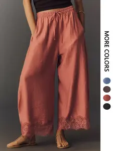 Women's Long Pants, Casual, Lace Patchwork, Asymmetrical Hem, Pocket Elastic Waist, Printed Nine-Inch Pants, Summer Loose Wide Leg Pants, Womenswear, Bottom
