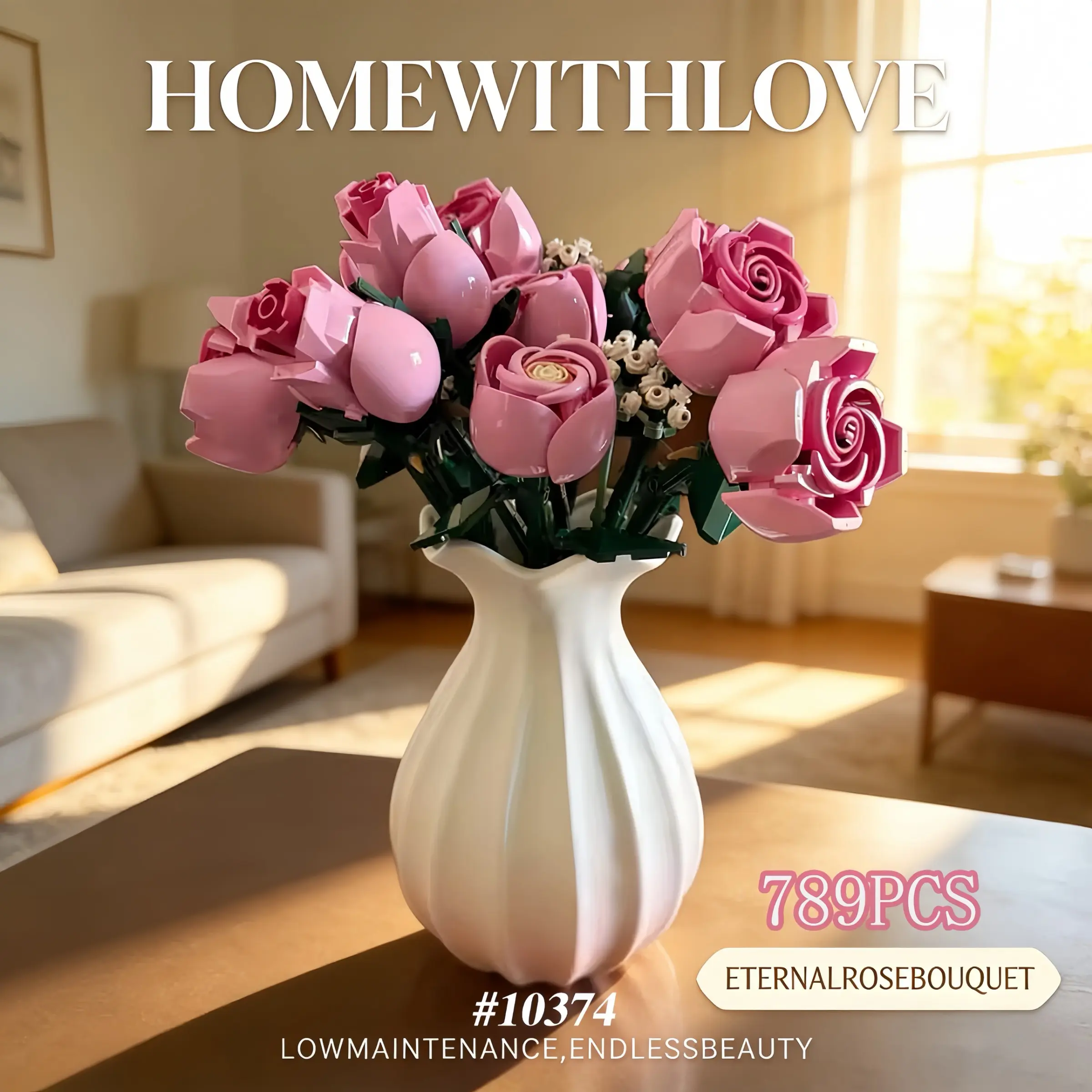 789psc Rose Bouquet Artificial Roses Building Set, 10374 Romantic Plant Home Desktop Decor, Toy Ornament, Gift for Girls Boys Moms, Birthday Anniversary