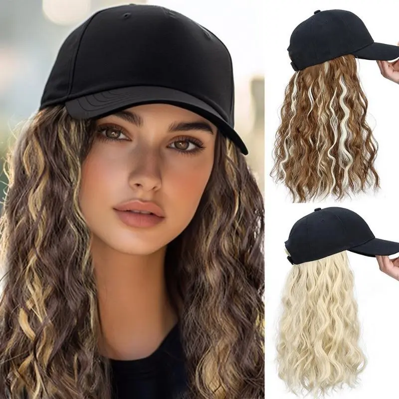 Baseball Cap with Long Wavy Hair Synthetic Wig Hat Wavy Hair Extension Attached to Black Baseball Cap Adjustable Casual Hat Wig for Women Daily Travel Outdoor 18-22 Inch