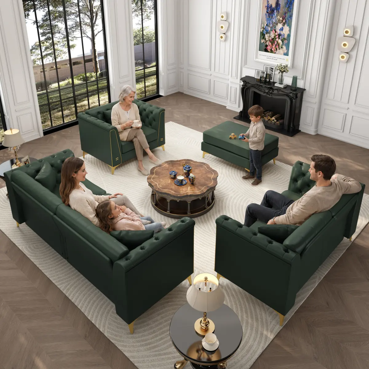 Light Luxury Modular Chesterfield Sofa, Faux Leather Couch with Handmade Button Tufted, Metal Trim Armrests & Thin Metal Legs, Includes 6 Pillows for Living Room, Apartment,Green