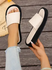 Women's Quilted Diamond Single Wide Strap Open Toe Platform Slide Sandals Soft Contoured Cushioned Insole Non Slip Slip On Minimal Casual Summer Footwear Four Neutral Color Options White Black Beige Brown