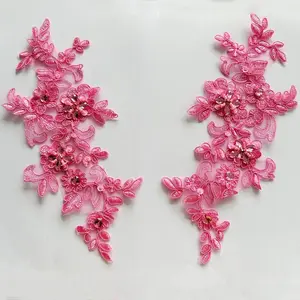 Embroidered Rhinestone Lace Fabric Patch Trim Applique with Sequins Beads, Sew On Decoration Accessories for Dress, One Pair Pink 2