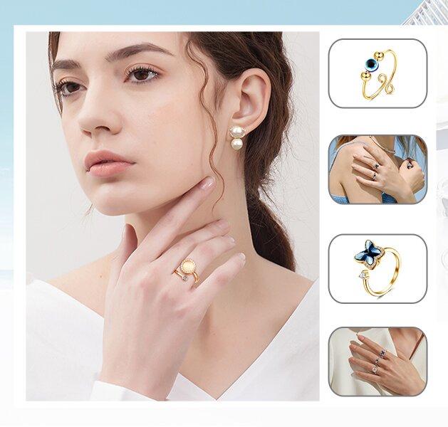 Trendy Adjustable Rotating  Fidget Rings for Women Anti-Stress and Anti-Anxiety Spinner Rings with CZ Flower Moon and Star Design