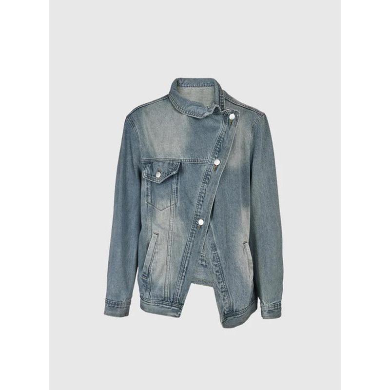Women'S Vintage Washed High Neck Asymmetric Button Loose Denim Jacket Street Style Trendy Versatile Top For Spring Autumn Winter Seasons Coats....