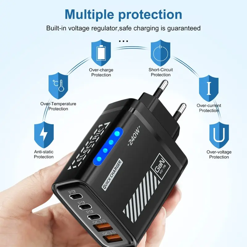 240W charger with 5 ports (3 USB ports + 2 negative ports), intelligent automatic power-off function, suitable for mobile phones and 3C electronic products. 3-in-1 wireless charger, long 4-in-1 multi-functional Type-C charger set. Android Led Smartphone C