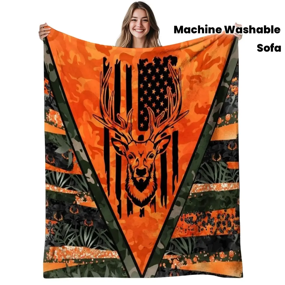 American Flag Camo Flannel Comfy Leisure Gentle Soft Decorative Gift Blanket, 280gsm Reversible Throw with Deer & Antlers, Machine Washable for Bed/Sofa, Adult & Baby Blanket, Farmhouse Lodge Decor for Autumn Christmas, Comfy Warm Throw Blanket