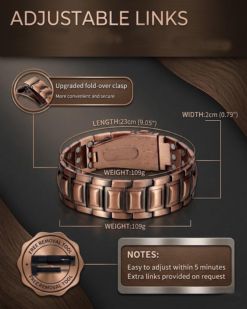 3X Magnetic Copper Bracelet for Men,Adjustable Magnetic Bracelets,Copper Jewelry Gifts for Men,3800 Gauss Strength Magnets,Pro Fold-Over Butterfly Clasp 3X Magnetic Copper Bracelet for Men,Adjustable Magnetic Bracelets,Copper Jewelry Gifts for Men,3800 Gauss Strength Magnets,Pro Fold-Over Butterfly Clasp