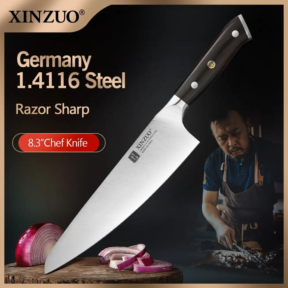 XINZUO Yu Series Stainless Steel Kitchen Chef Knife, 8.3 Inches, German 1.4116 Molybdenum Vanadium Steel Blade, Premium Ebony Handle, 56-58 HRC, 6.0-8.ON Cutting Force, Polished High-End Look