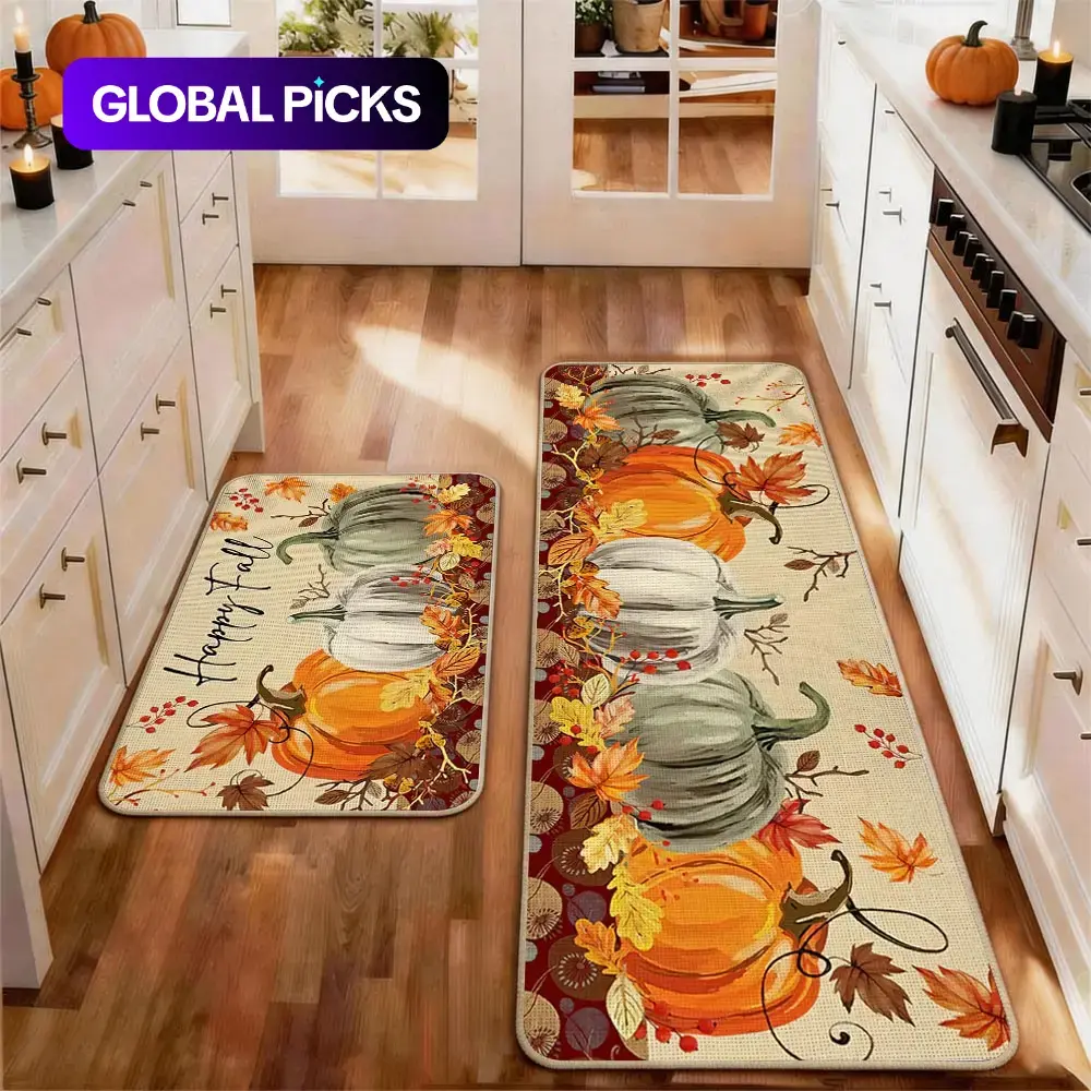 2pcs Thanksgiving Fall Kitchen Rug Set with Pumpkin Maple Leaves Pattern, Non-Slip Soft Low Profile Design, Floor Mat Set, Farmhouse Rug for Dining Room and Laundry Room Decor, Home Decorative Rug, Farmhouse Kitchen Rugs, Kitchen Mat Sets #GLOBAL PICKS
