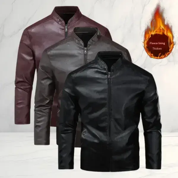 Men's Black PU Leather Slim Fit Coat Long Sleeve Thick Fleece Lined Stand Collar Zipper Tops with Sleeve Decorative Stitching, Side Button Details, Plain Casual for Everyday Outings, Trendy Parties, Father's Day Gift, Long Sleeves Coats Menswear summerwin