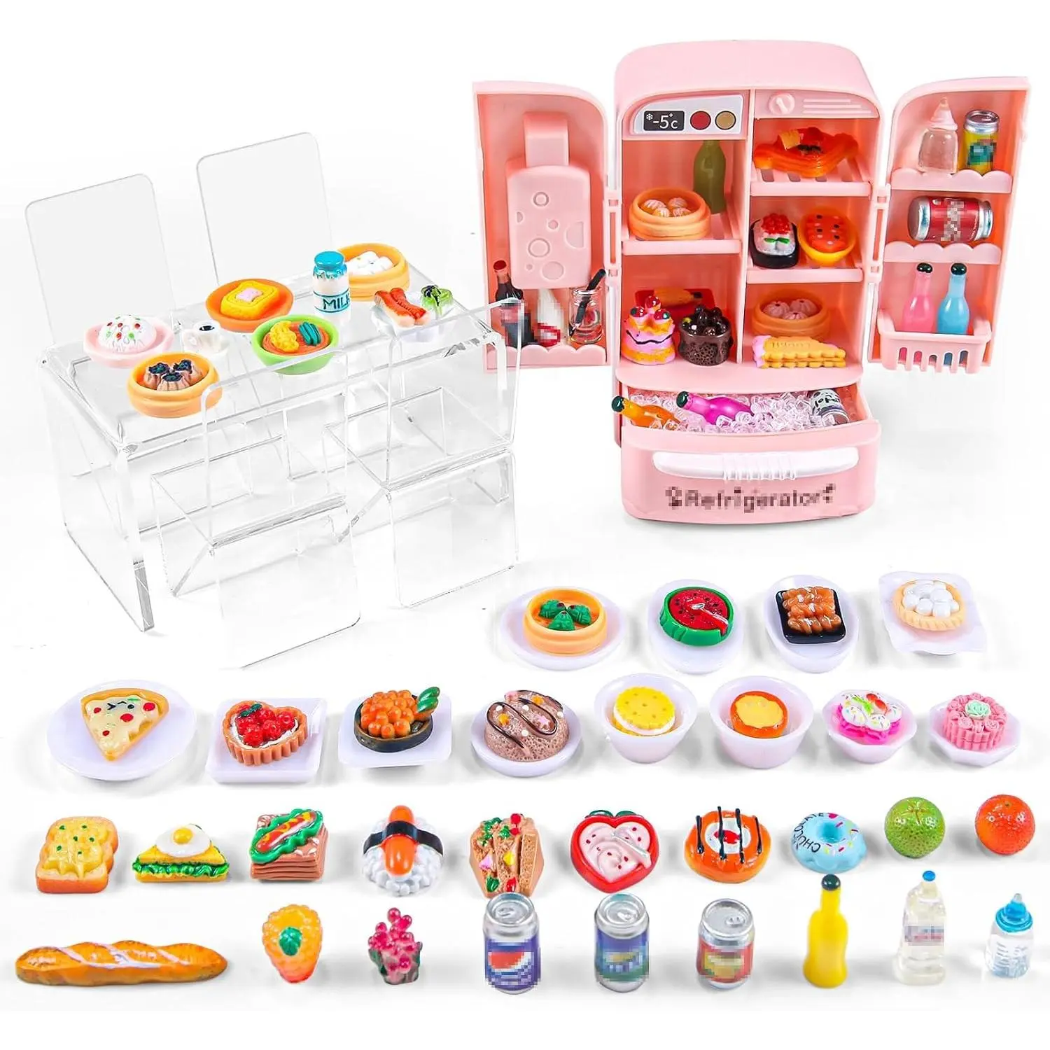 95 Pcs Dollhouse Refrigerator Mini Fridge Table Dining Car Toy with Food Set Kitchen Furniture Miniatures Party Fruits Juice Milk Desserts for Children Drink Cake Pretend Play Game Fake Ice CubesGift.