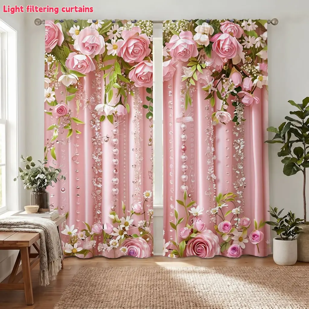 2Pcs Elegant Rose Floral Beaded Window Curtains Light Filtering for Living Room Bedroom Study Hotel Restaurant Home Decoration