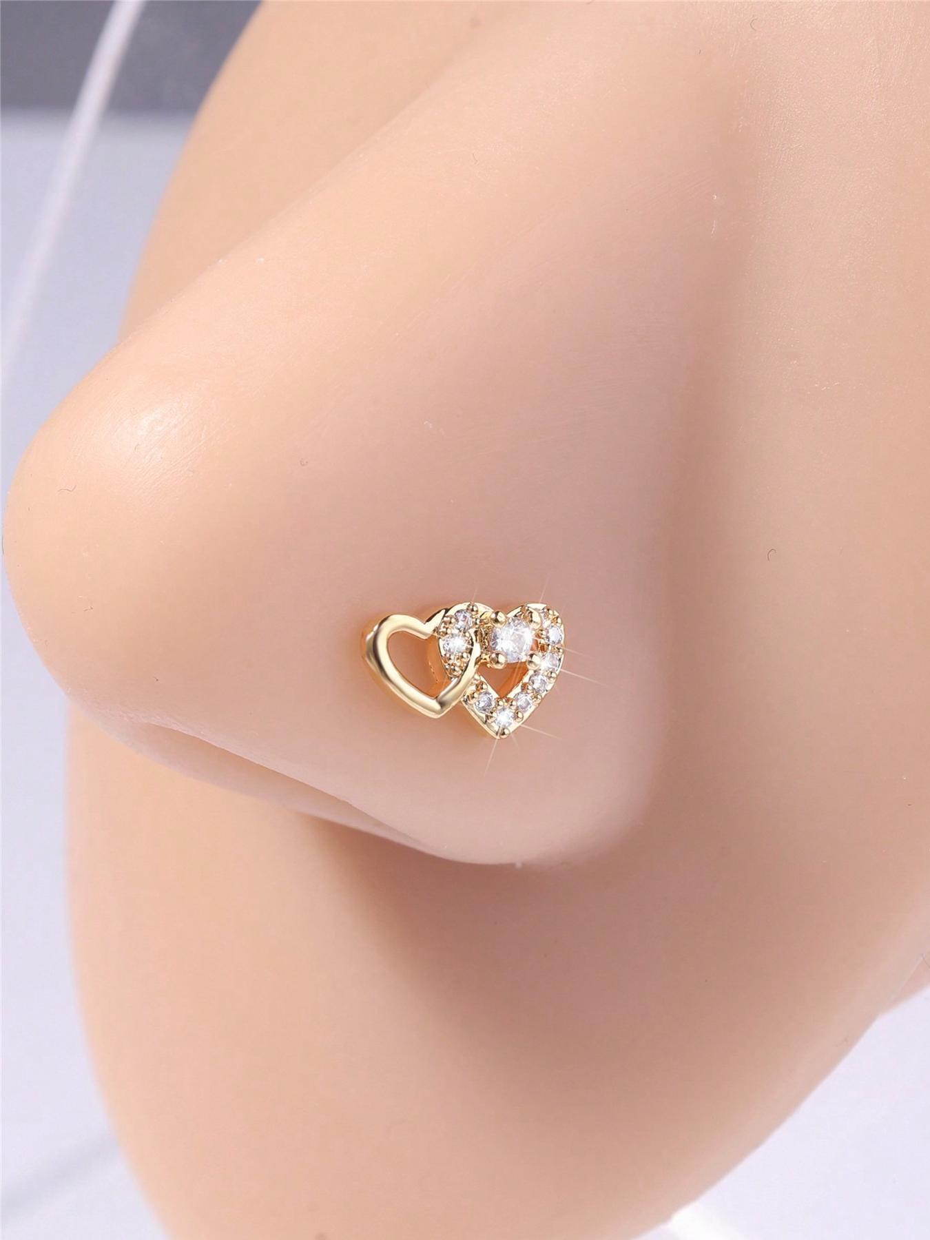 Heart Shaped L Shape Nose Stud, Rhinestone Decor Nose Ring, Fashionable Body Jewelry for Women & Girls, Trendy All-match & Exquisite Jewelry for Birthday Gift