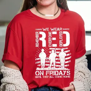 On Friday We Wear Red Shirt, Remember Everyone Deployed, American Veteran, American Flag Shirt, Heavy Cotton Women's Short Sleeve Graphic Tee
