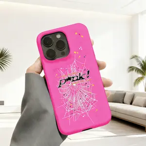 Pink Spider Web With Sparkles And Pook! Text, Phone Case For Iphone17 16 15 14 13 12 11 Pro Max Plus, Dual Layer Film Glossy Finish, Shockproof And Scratch Resistant, Trendy Halloween Style, Fashionable Phone Case