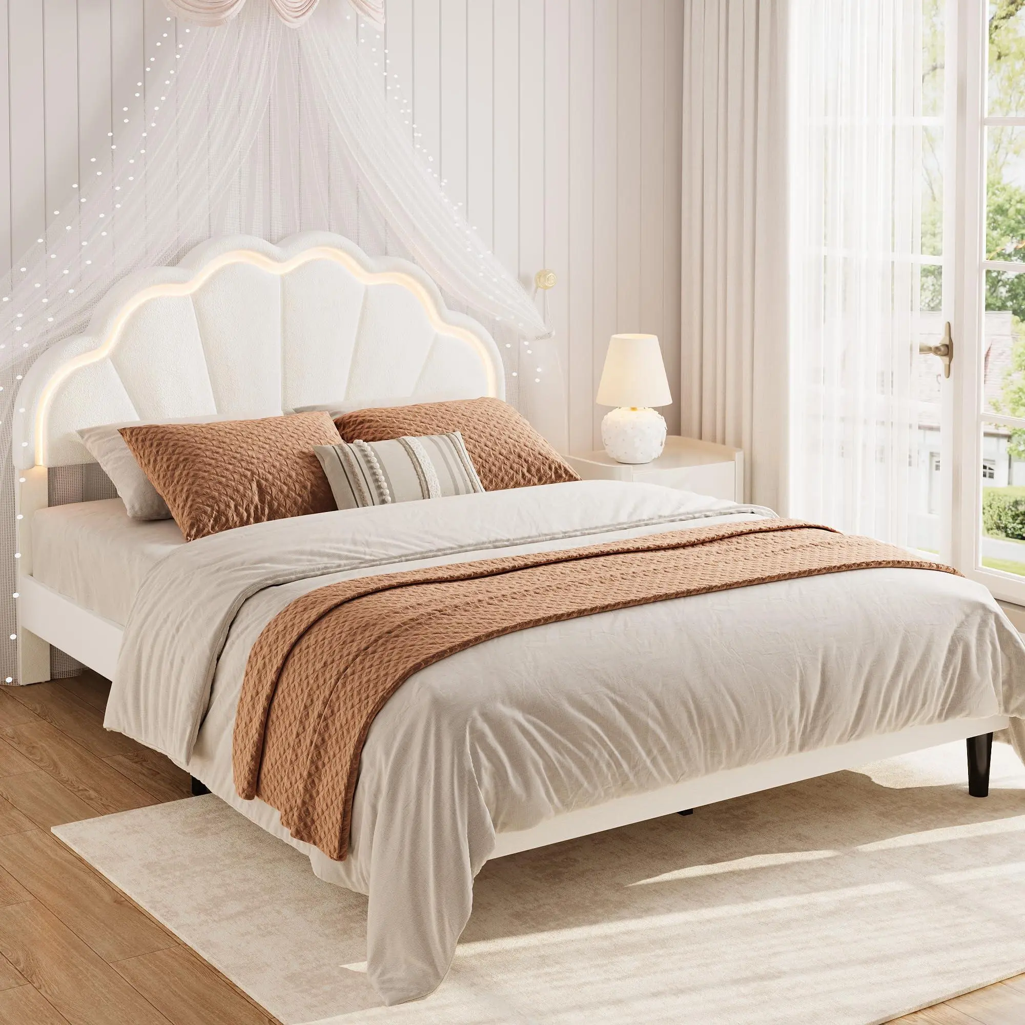 Garvee Velvet Upholstered Platform Bed Frame with Storage & LED Lights - Adjustable Seashell Headboard, No Box Spring Needed - Light Pink/White