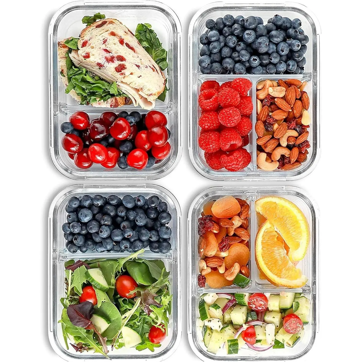 Glass Meal Prep Containers 2 and 3 Compartments, Leak-Proof, 32 oz, 4 Pack Food Storage Bento Box, Lunch Containers Set, Snack Boxes, Portion Control, Dishwasher Oven Freezer Safe, Airtight Lids Blue
