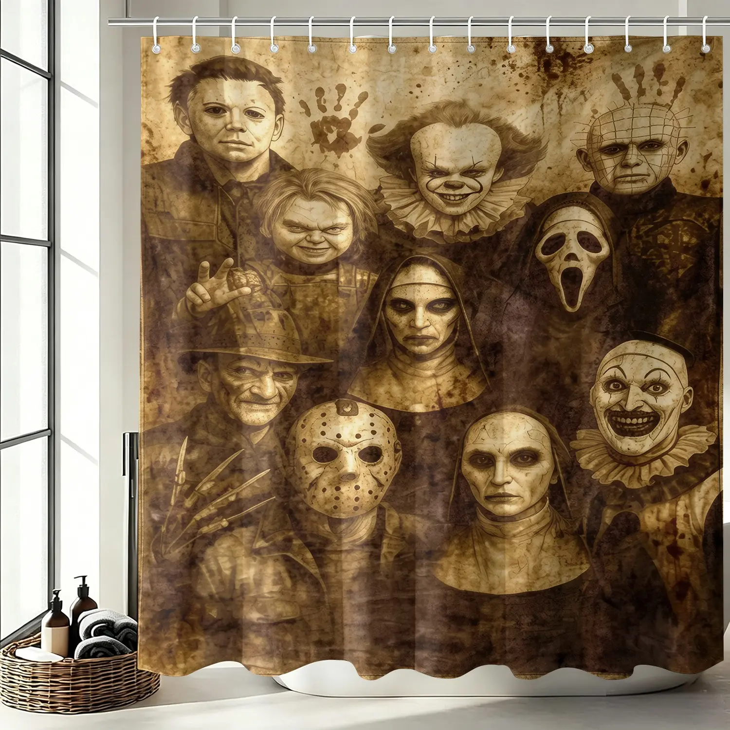 Vintage Distressed Classic Horror Character Collection Decorative Shower Curtain-Waterproof Anti-Mold Oxford Fabric 12 Hooks-No-Drill Easy Install-Privacy Bath Curtain-For Home/Dorm/Horror Movie Fan Bathroom Decor