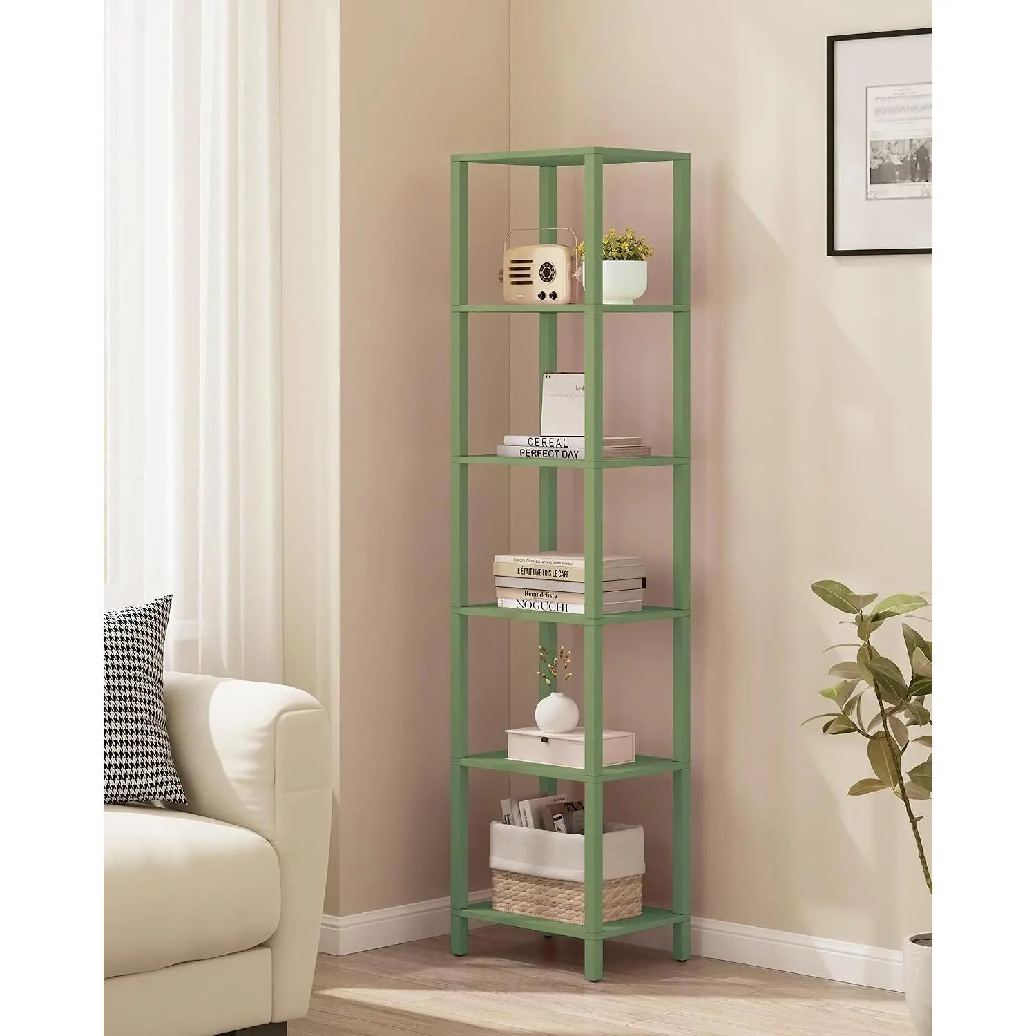 Bookshelf, 6-Tier Tall Book Shelf, Narrow Bookcase for Small Space, DIY Stackable Bookshelf, for Living Room, Office, Study, Entryway, Industrial, Olive Green BS01BOG006