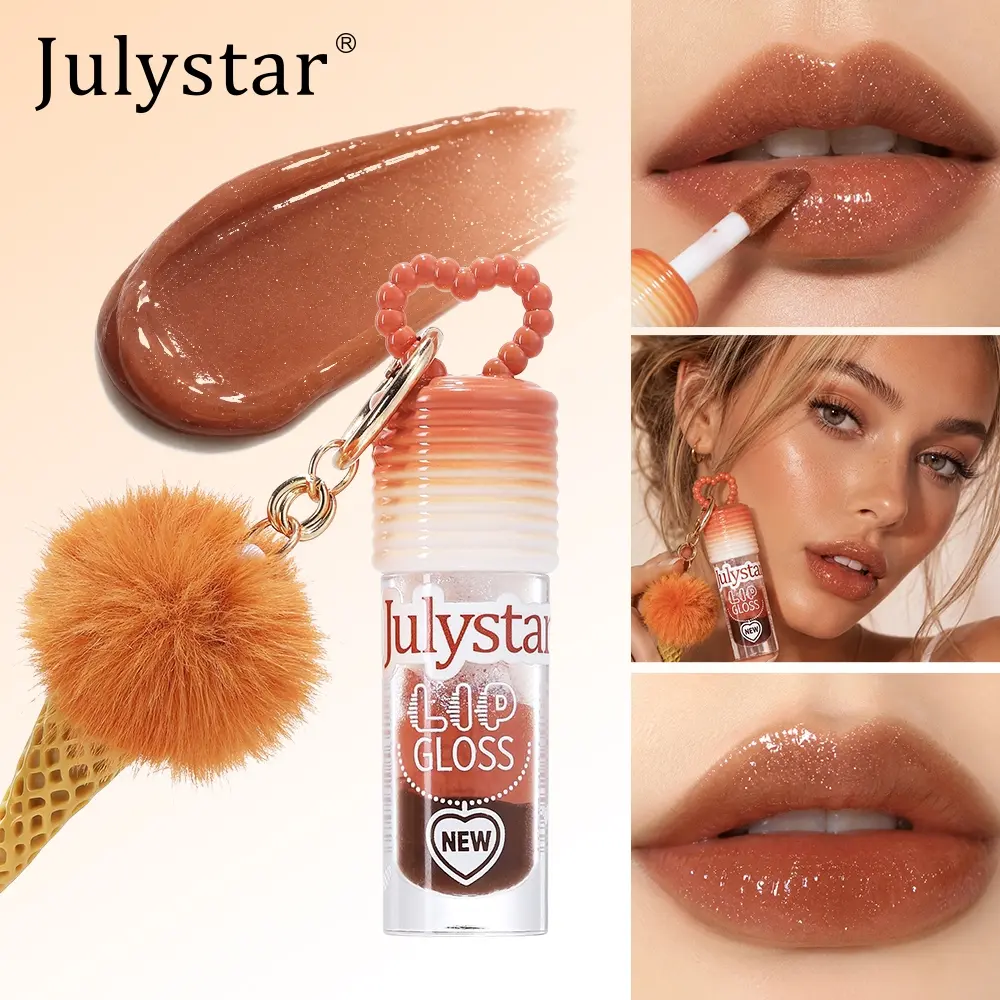 Julystar Plush Keychain Lip Gloss, Ice Cream Cone Design Shiny Lip Oil, Moisturizing Full Coverage Mirror Finish, Portable Cute Makeup, Dewy Hydrating Lip Gloss